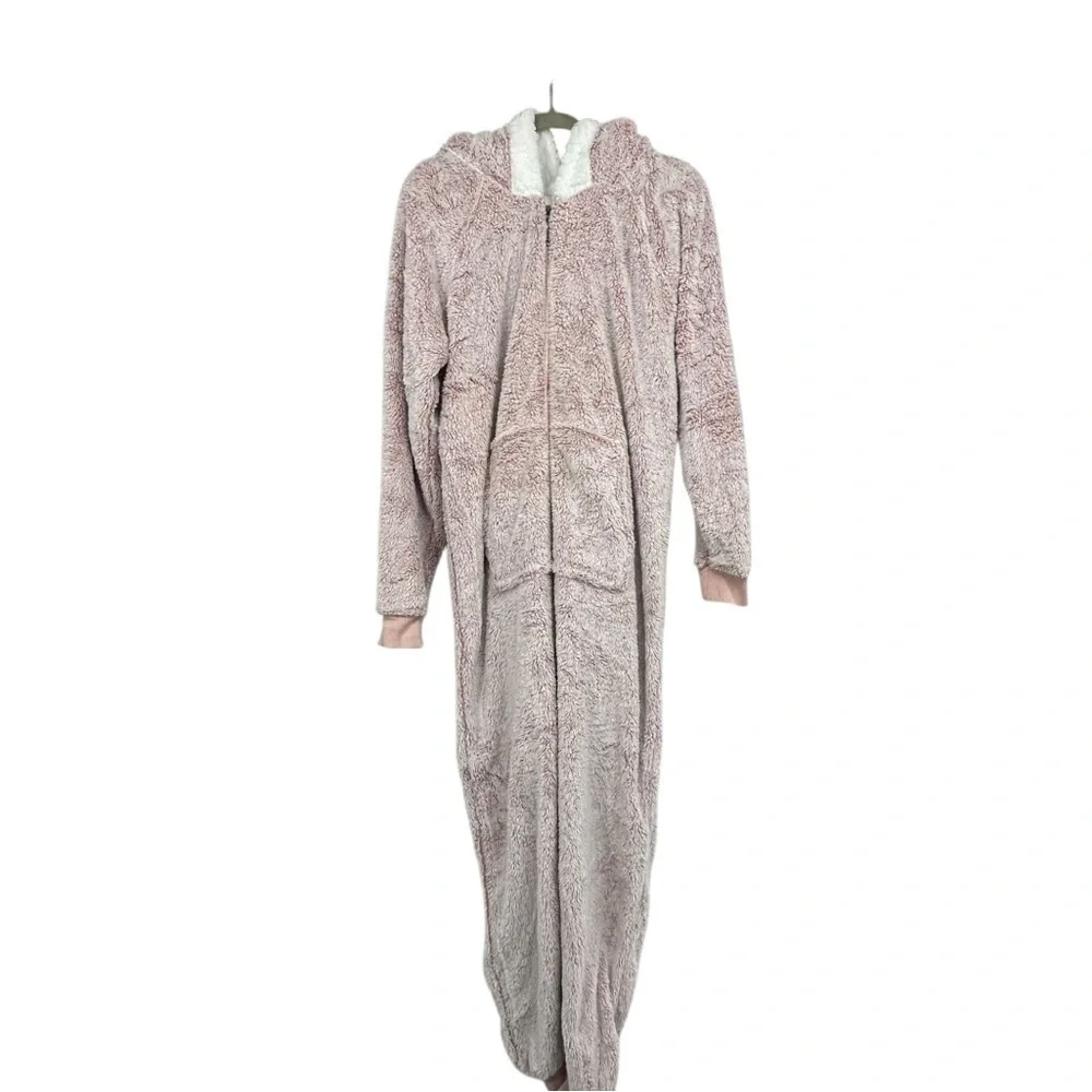 The Big Softy Women’s Hooded Zip-Up Fleece Lounger Blanket Jumpsuit Size L Pink